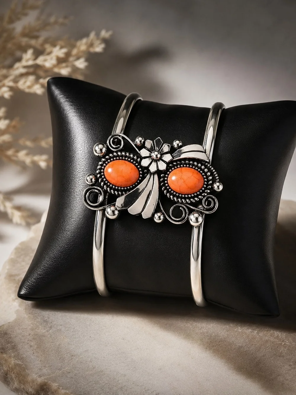Silver-Tone Cuff Bracelet with Orange Stone Accents